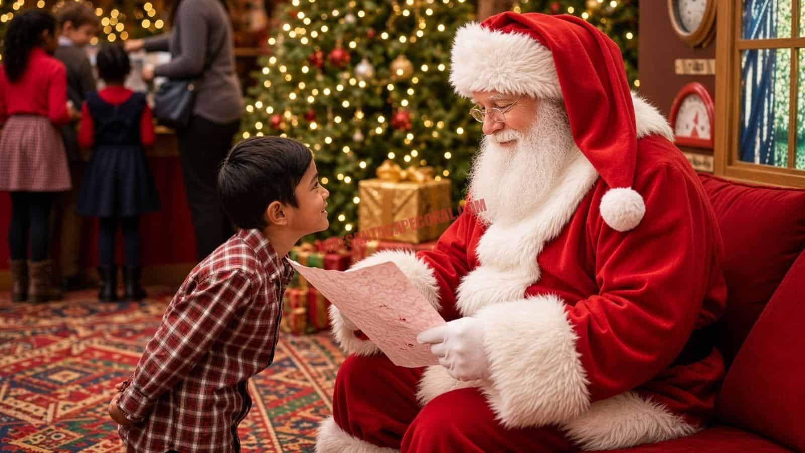 Santa services in Cape Coral, FL: Santa and a child read a letter on a red sofa beside a Christmas tree.